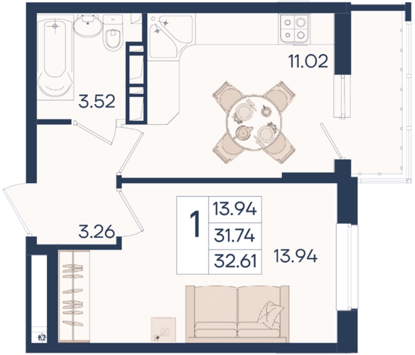 Планировка: 1-комн. квартира 32,6 м²