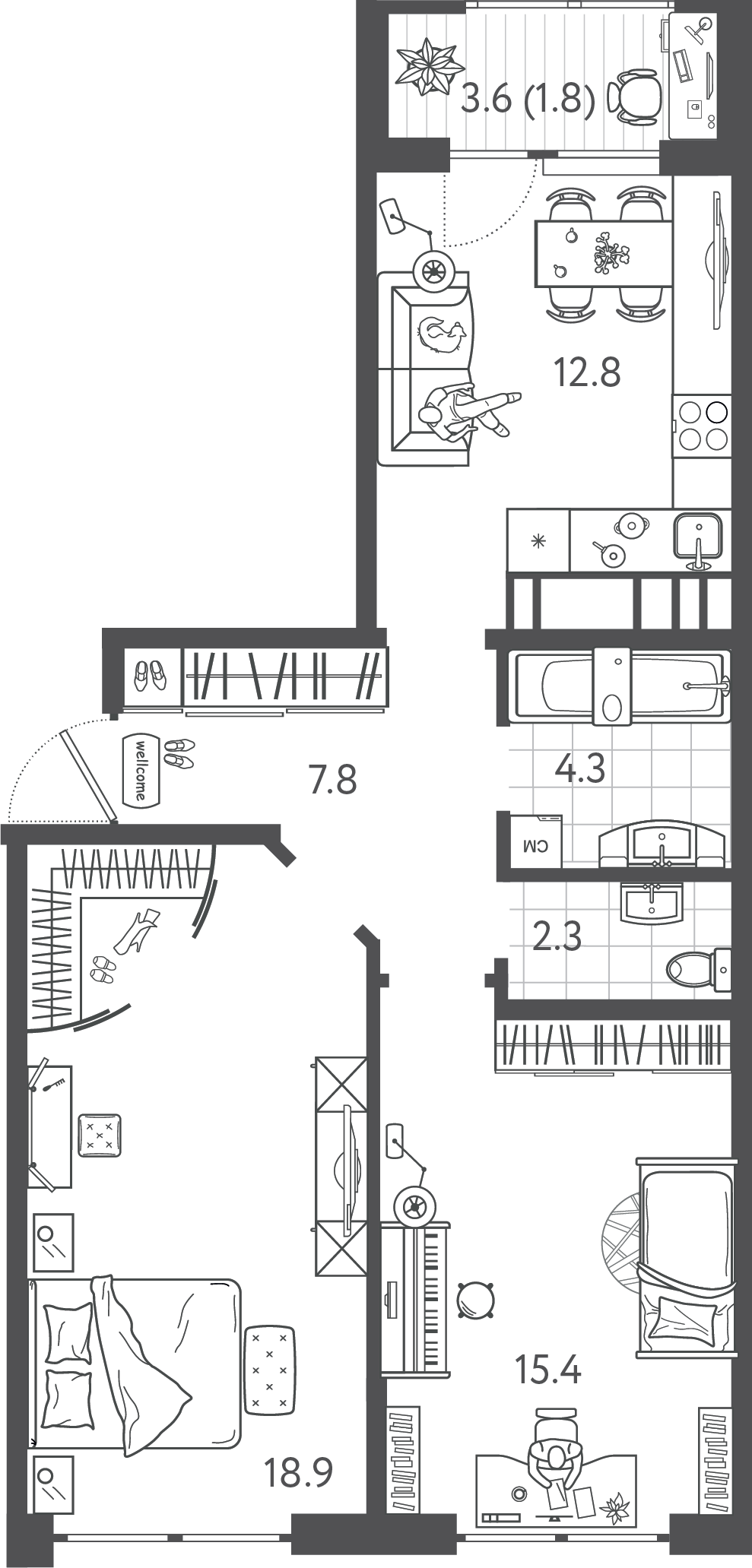 Планировка: 2-комн. квартира 63 м²