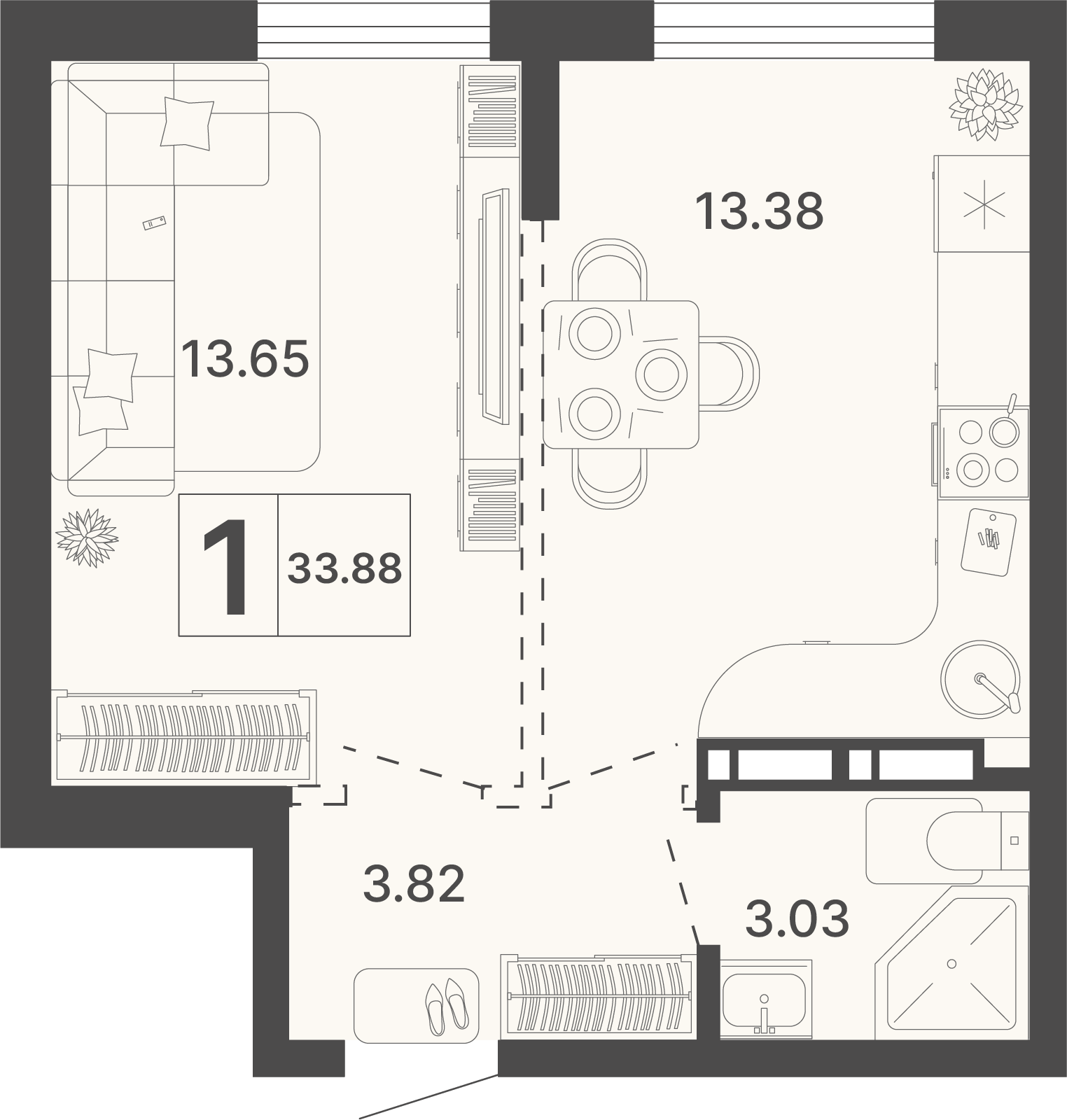 Планировка 1-комнатная 33,88 м²