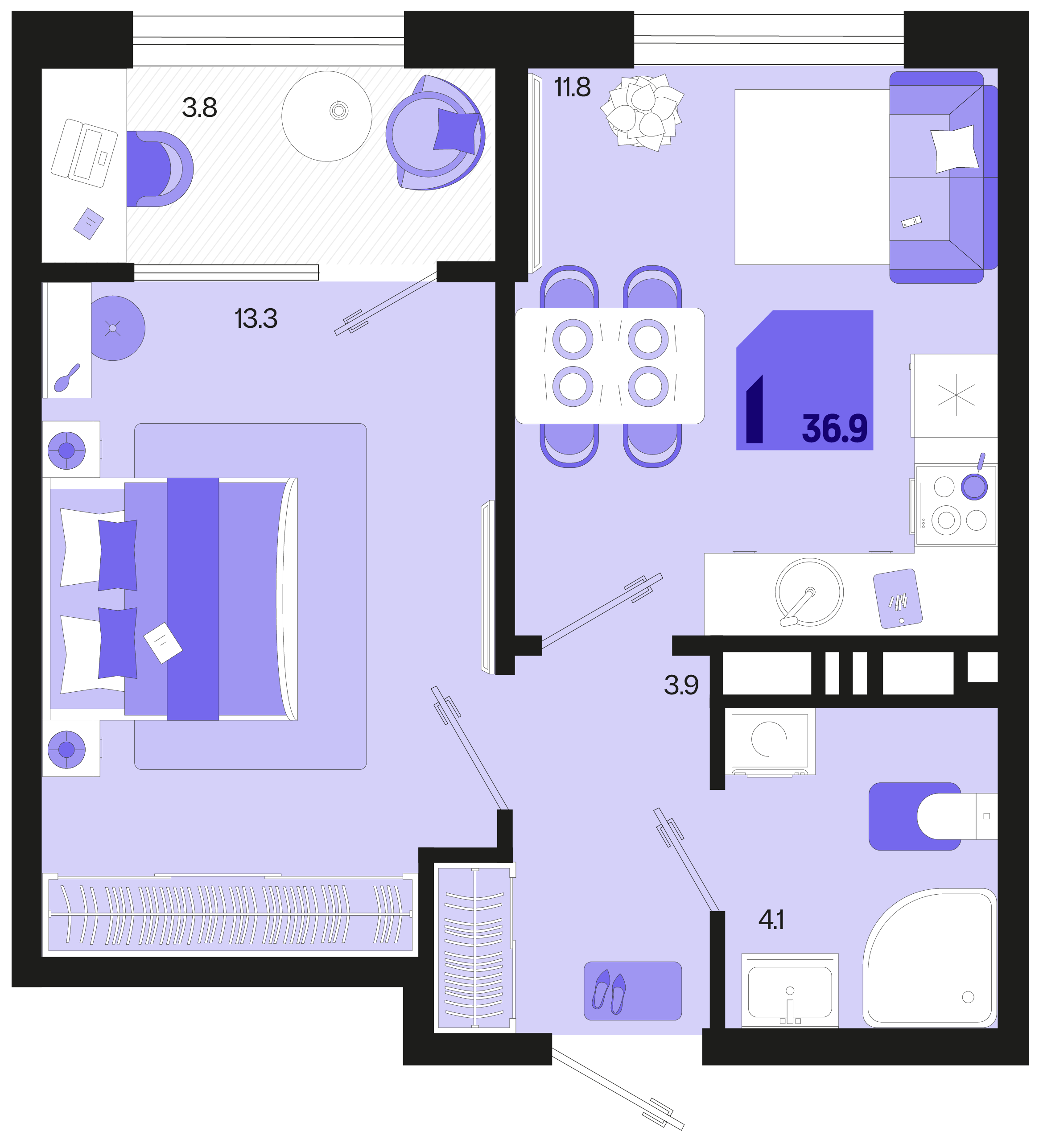 Планировка 1-комнатная 36,9 м²