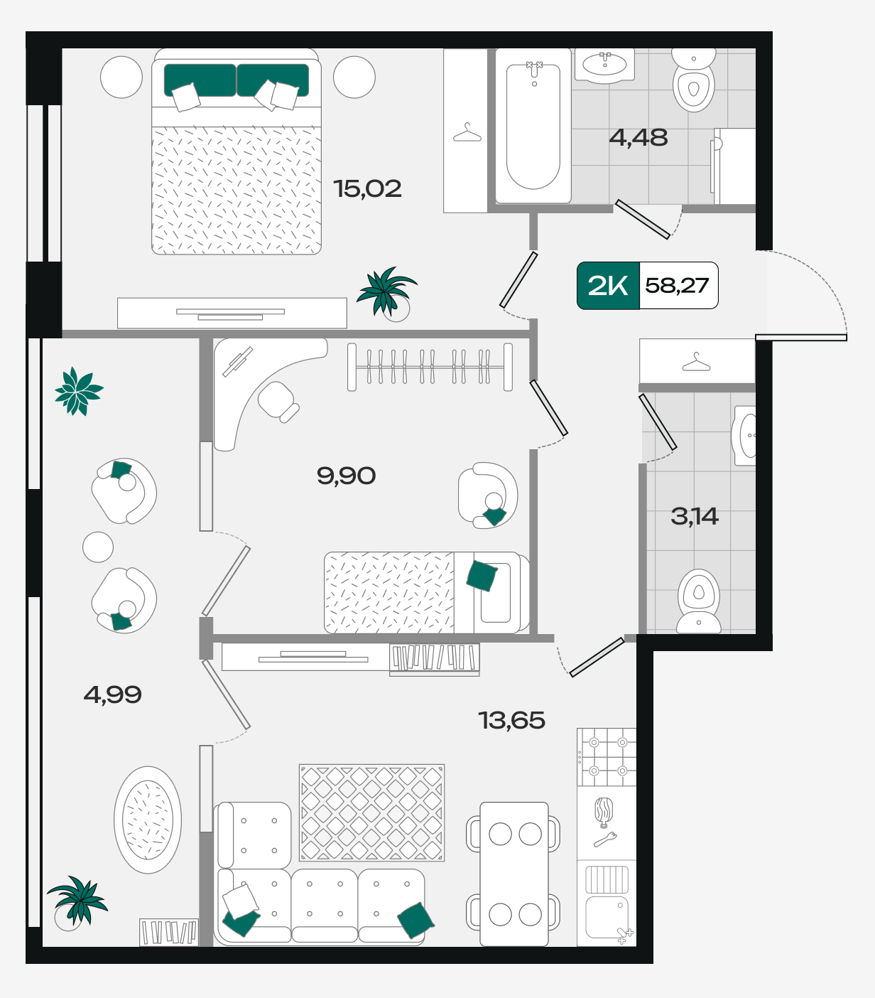 Планировка: 2-комн. квартира 58,3 м²