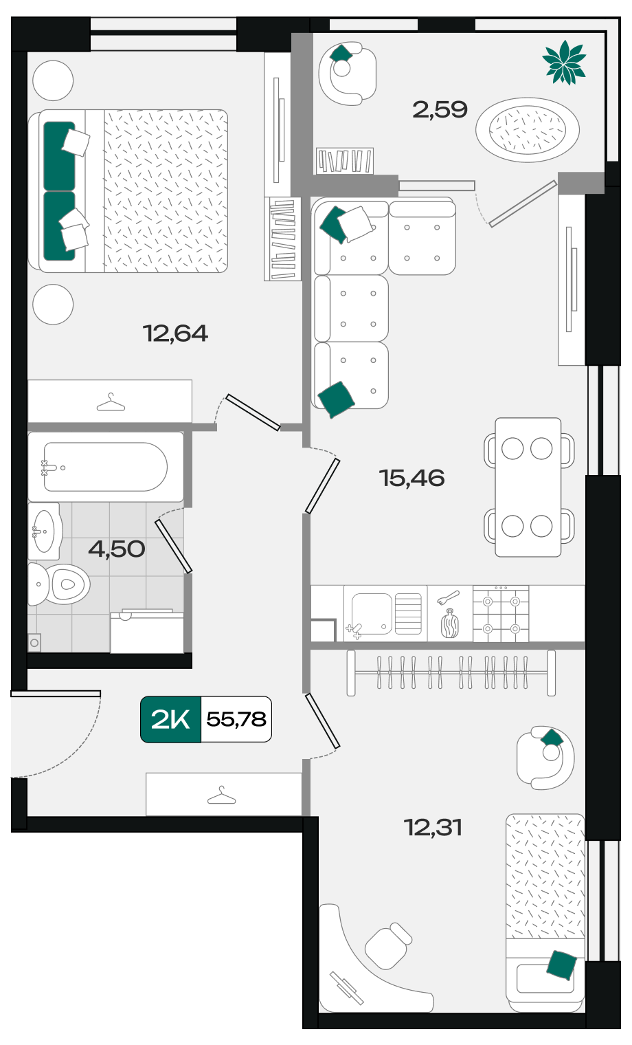 Планировка: 2-комн. квартира 55,8 м²