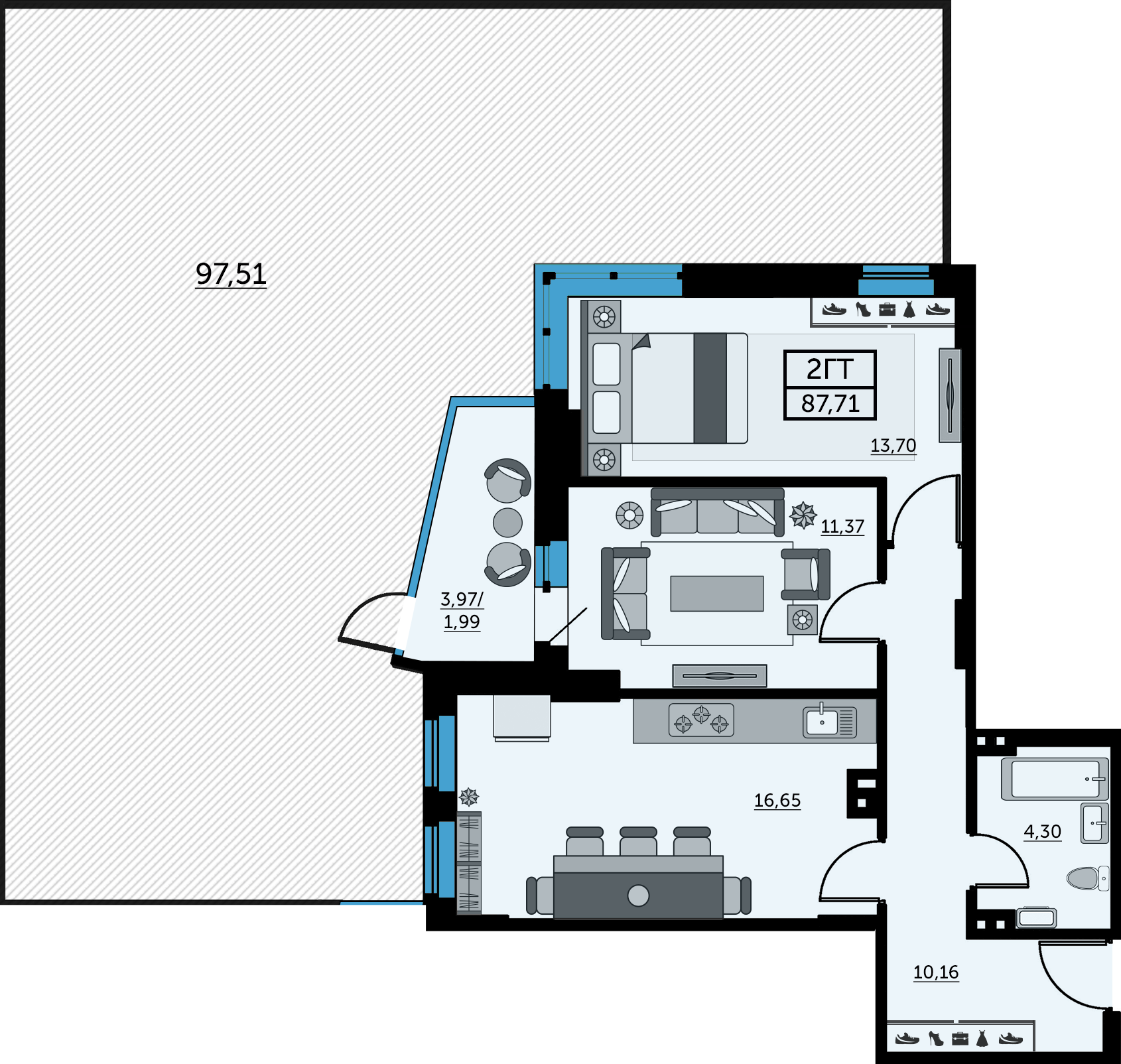 Планировка 2-комнатная 88,1 м²