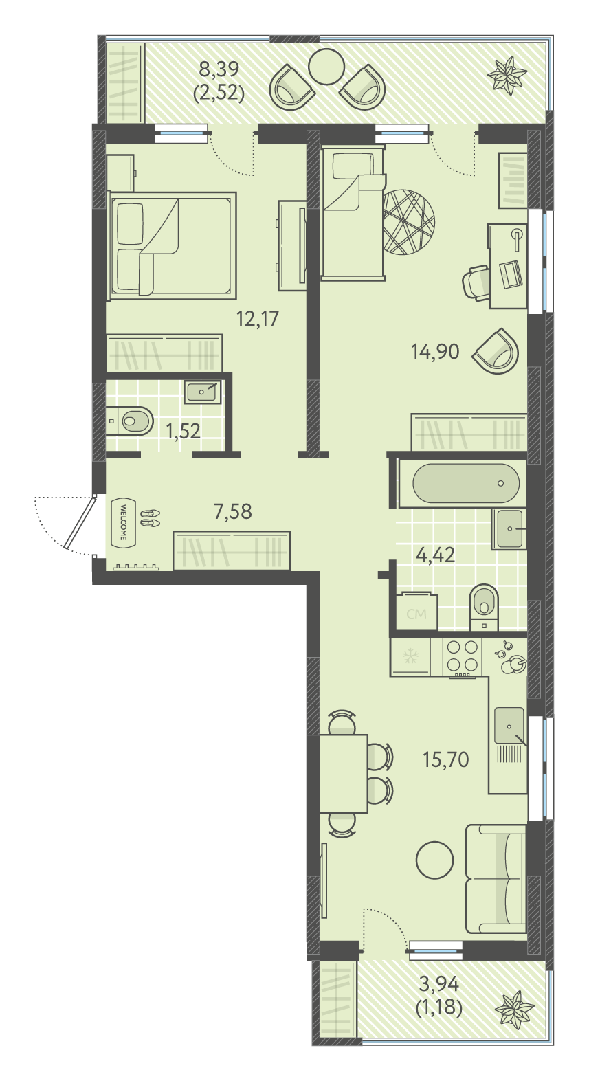 Планировка: 2-комн. квартира 60,4 м²