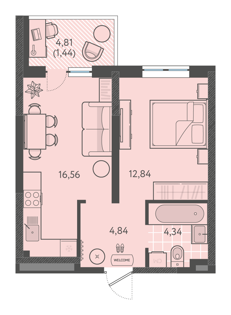 Планировка: 1-комн. квартира 39,3 м²