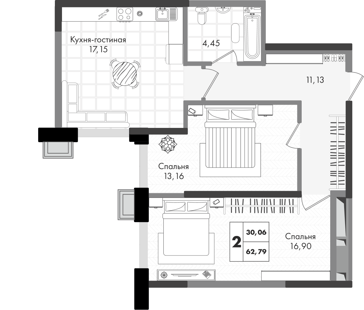 Планировка 2-комнатная 62,79 м²