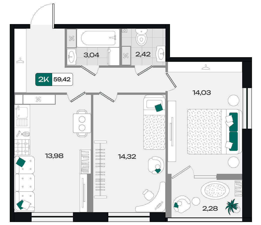 Планировка: 2-комн. квартира 59,4 м²