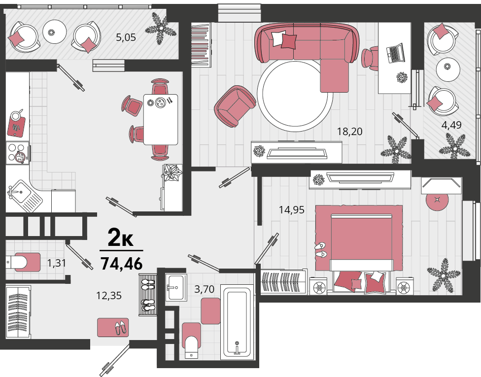 Планировка 2-комнатная 74,46 м²