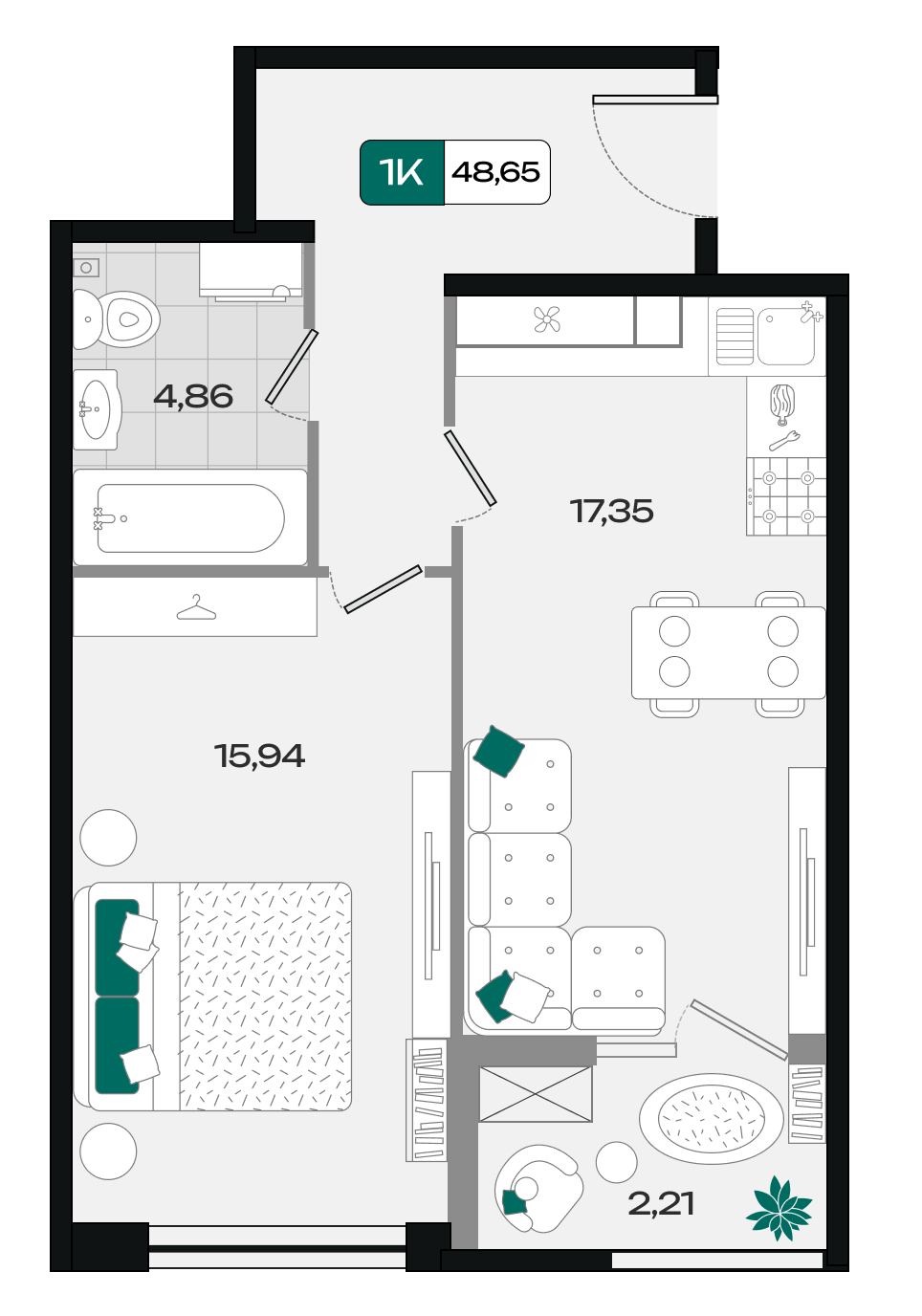 Планировка: 1-комн. квартира 48,7 м²