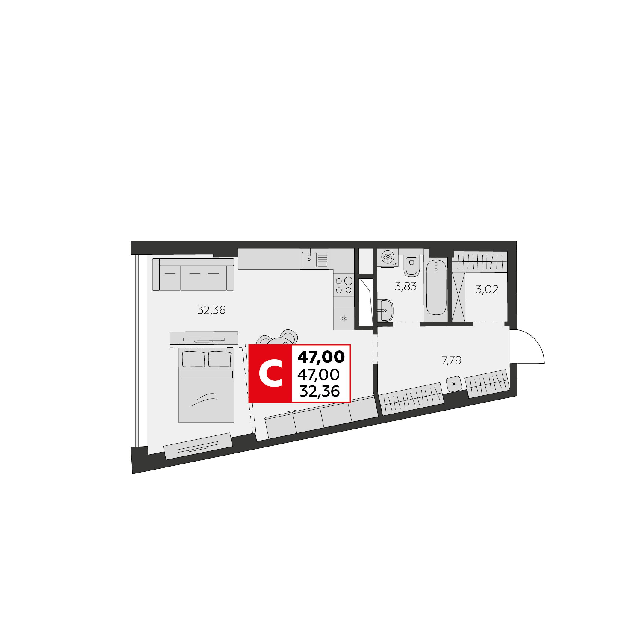 Планировка 1-комнатная 47 м²
