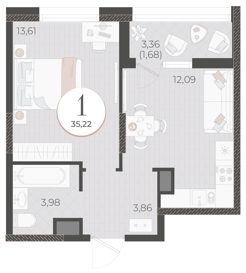 Планировка 1-комнатная 35,22 м²