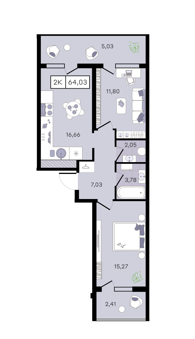 Планировка 2-комнатная 64,03 м²