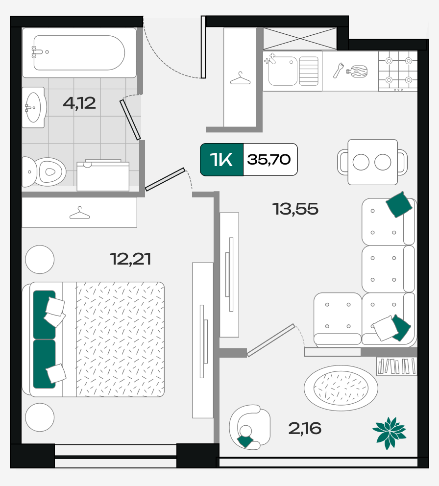 Планировка: 1-комн. квартира 35,7 м²