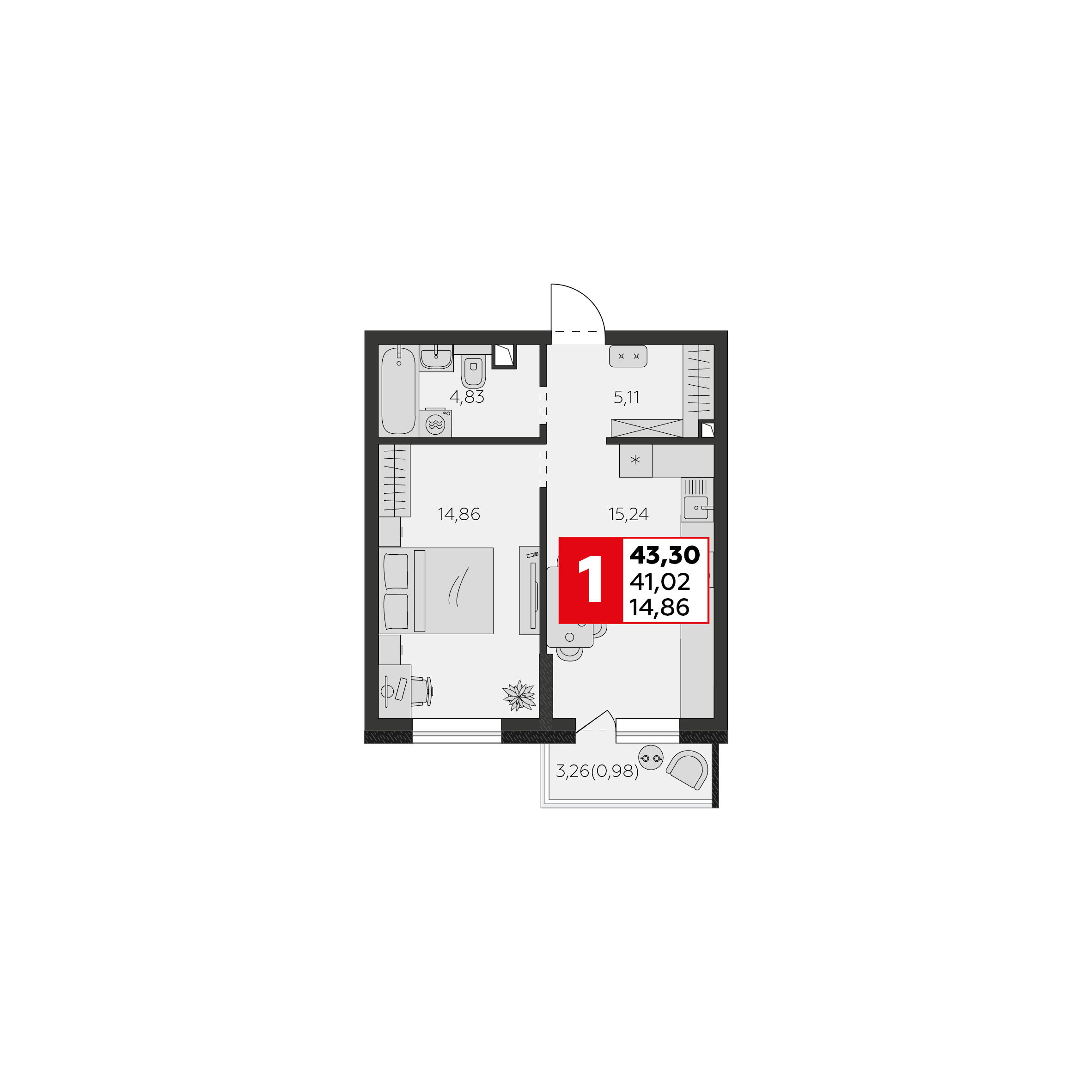 Планировка: 2-комн. квартира 41 м²