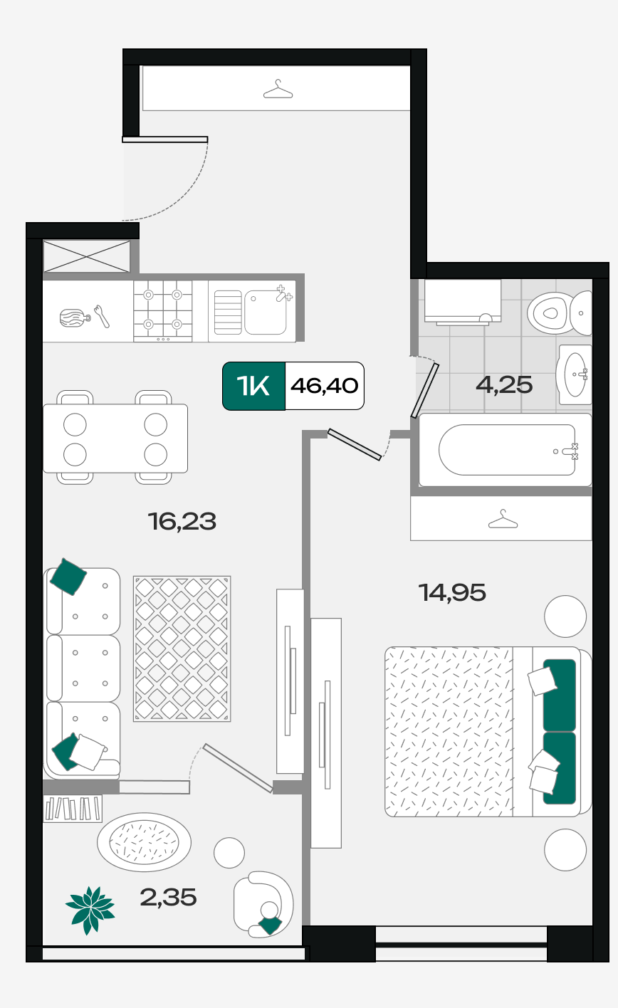 Планировка: 1-комн. квартира 46,4 м²