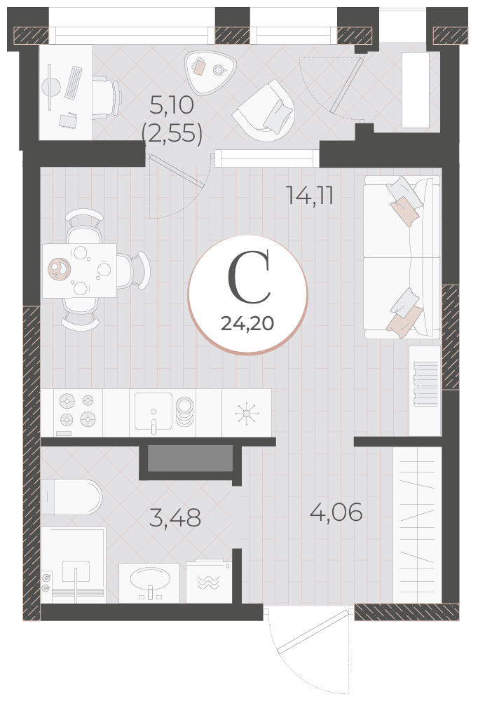 Планировка Студия 24,2 м²