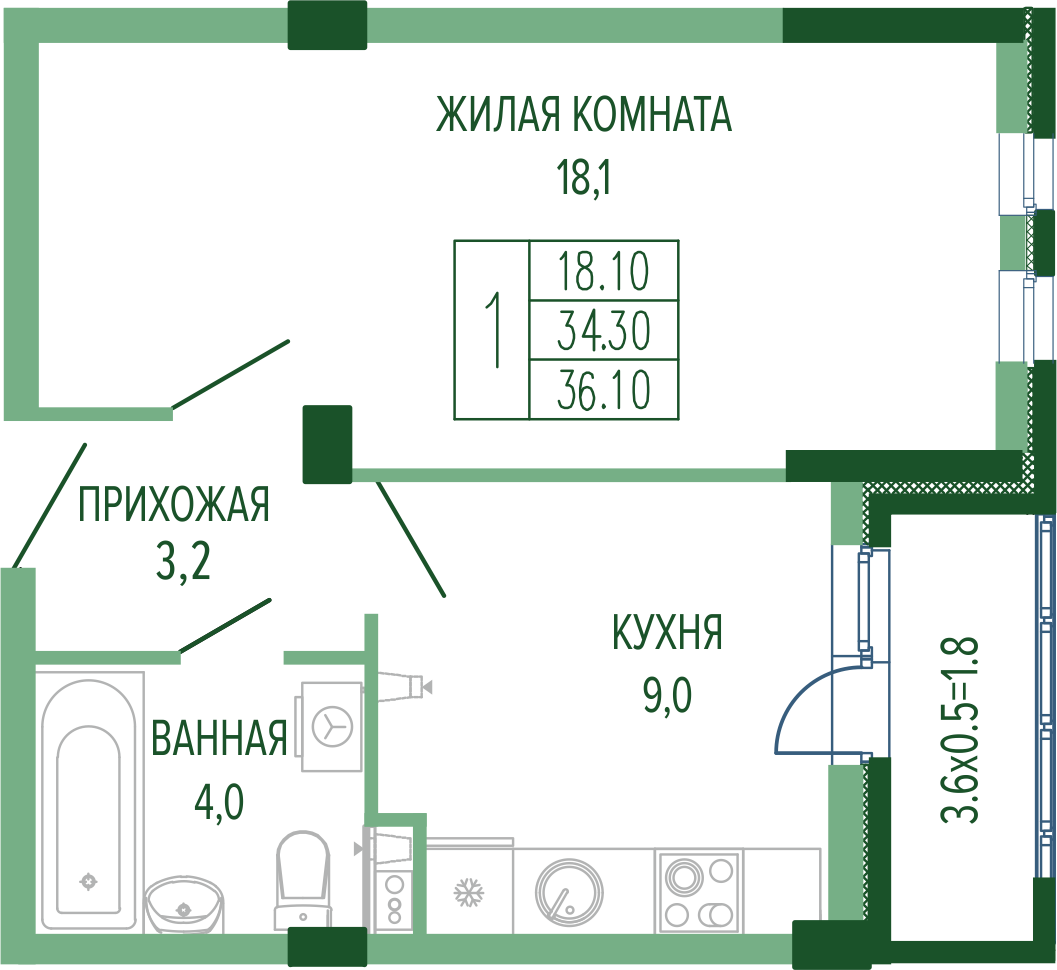 Планировка 1-комнатная 36,75 м²