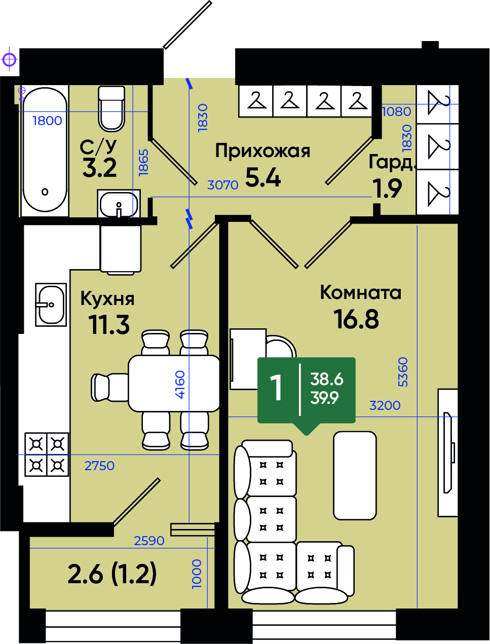 Планировка: 1-комн. квартира 40,1 м²