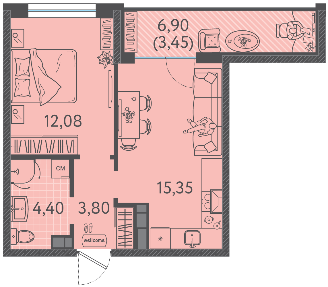 Планировка: 1-комн. квартира 38,3 м²