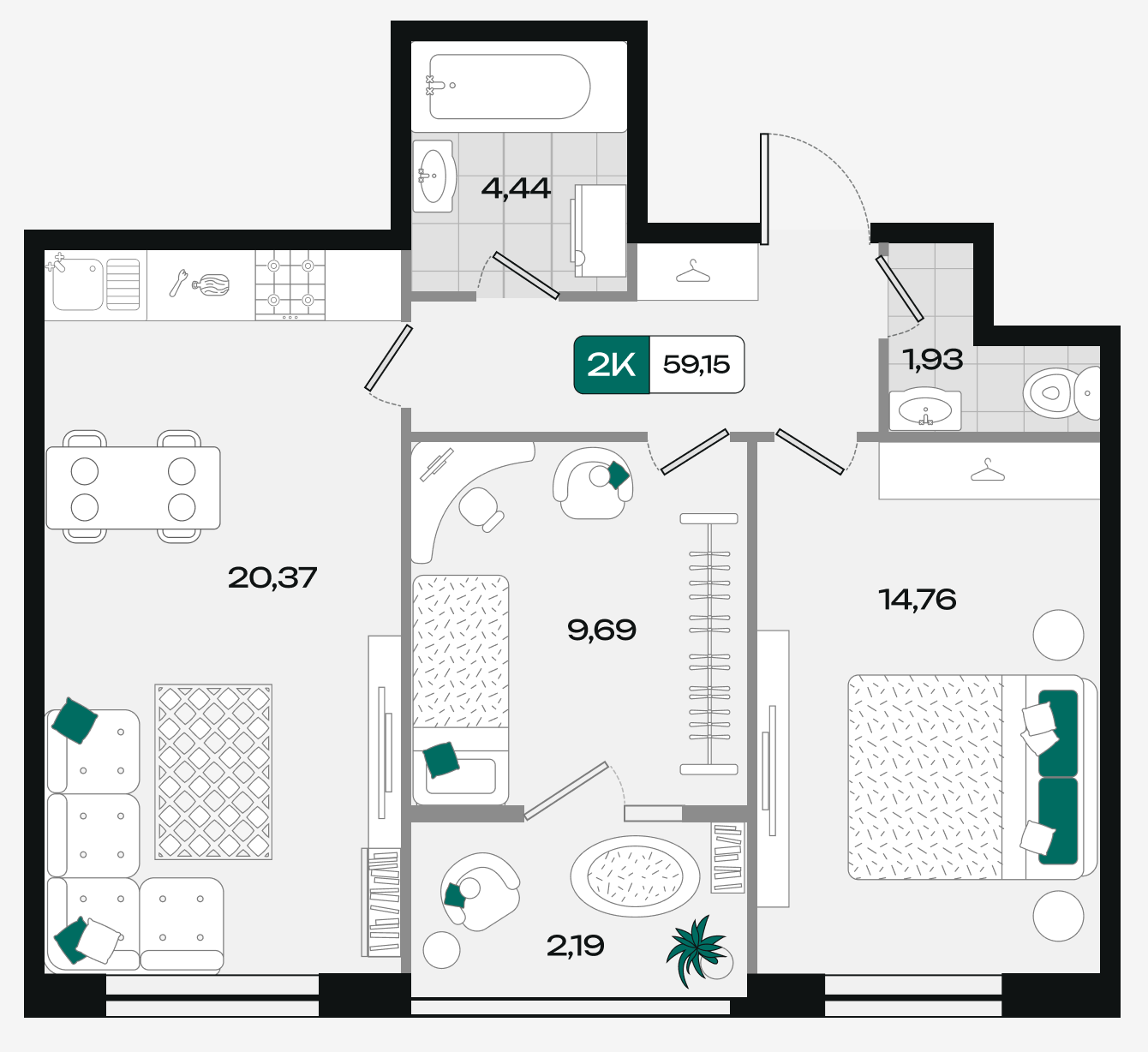 Планировка 2-комнатная 59,15 м²
