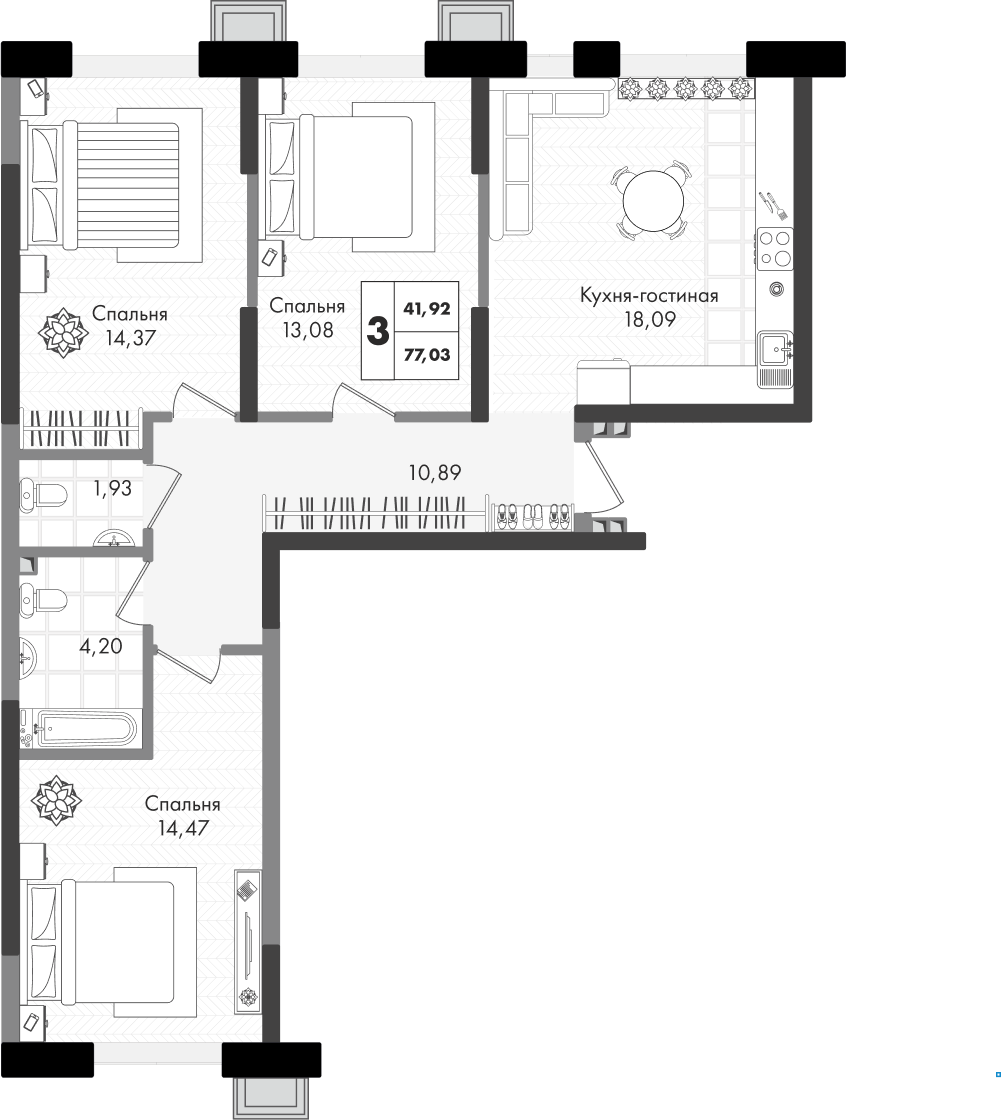 Планировка: 3-комн. квартира 77 м²