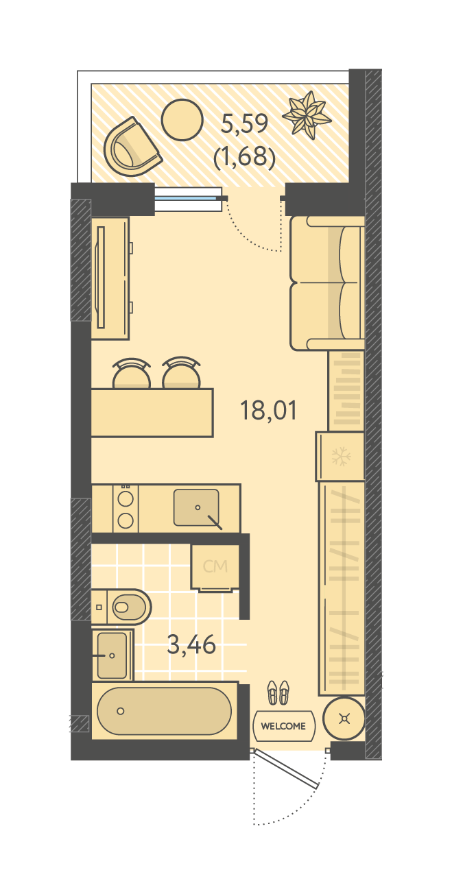 Планировка: Студия 23,2 м²