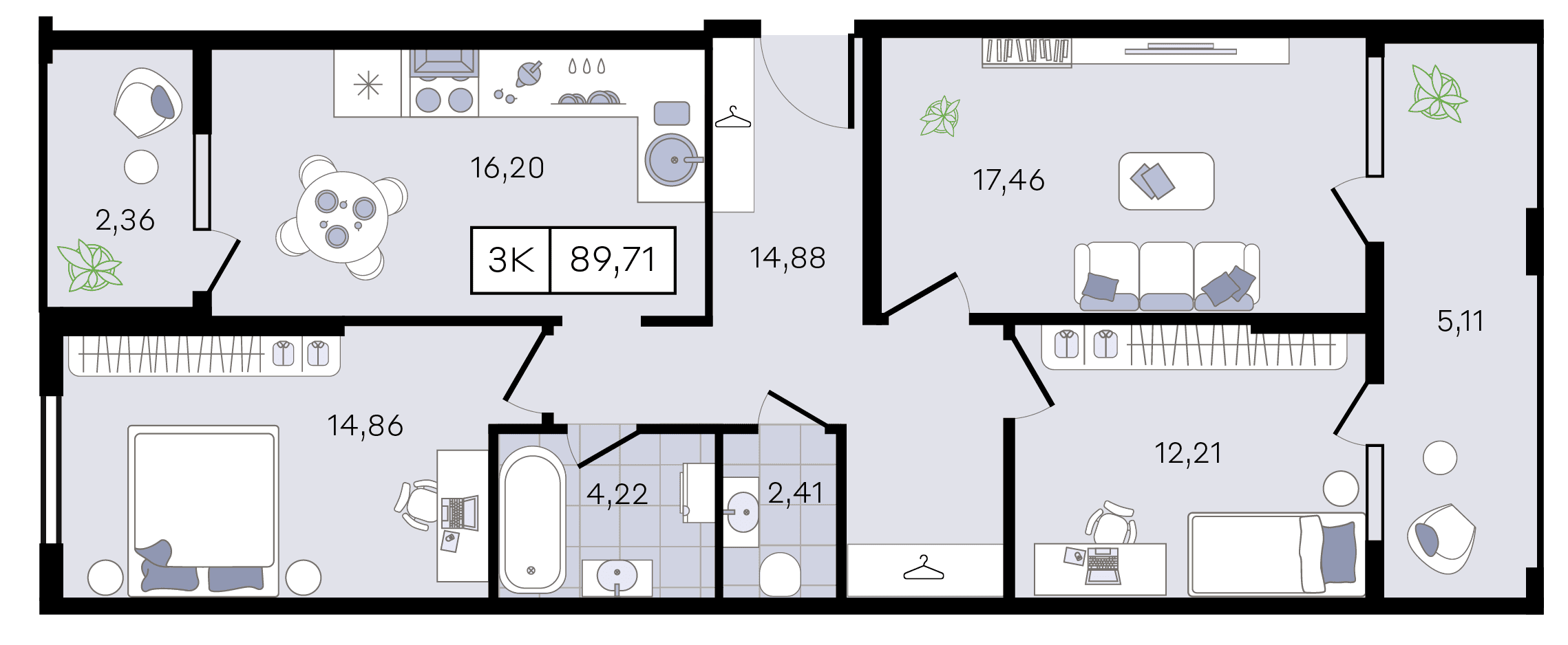Планировка: 3-комн. квартира 89,7 м²