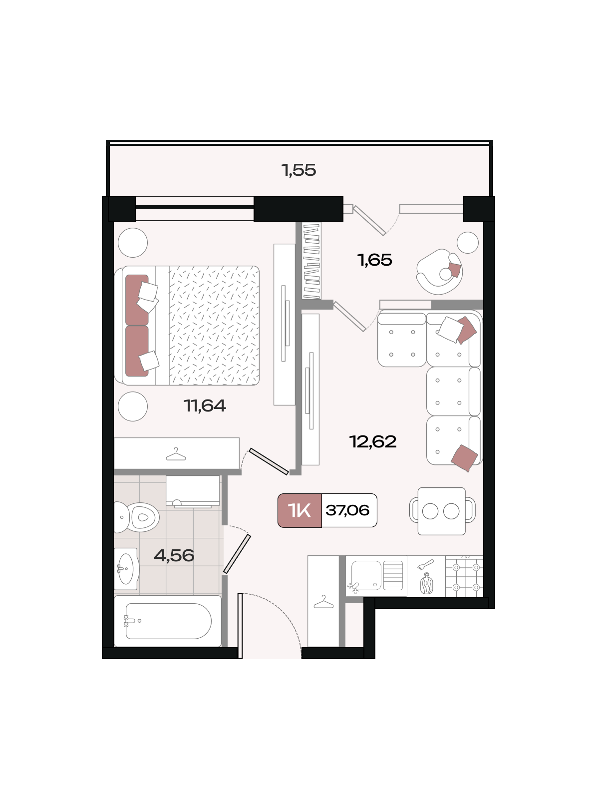 Планировка 1-комнатная 37,06 м²