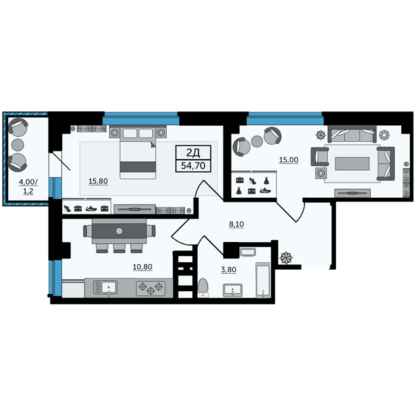 Планировка 2-комнатная 55,6 м²