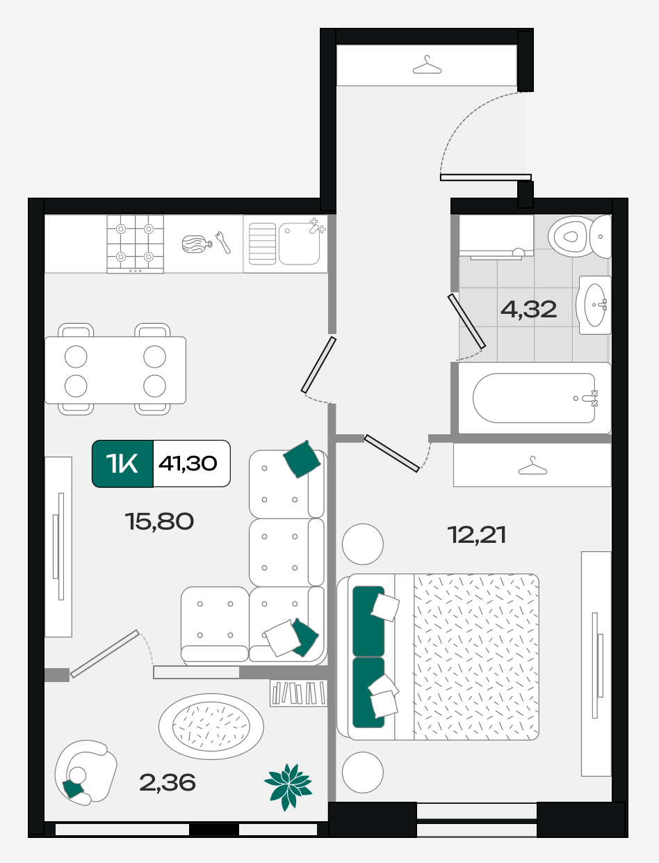 Планировка: 1-комн. квартира 41,3 м²