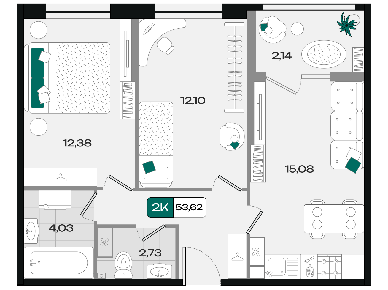 Планировка: 2-комн. квартира 53,6 м²