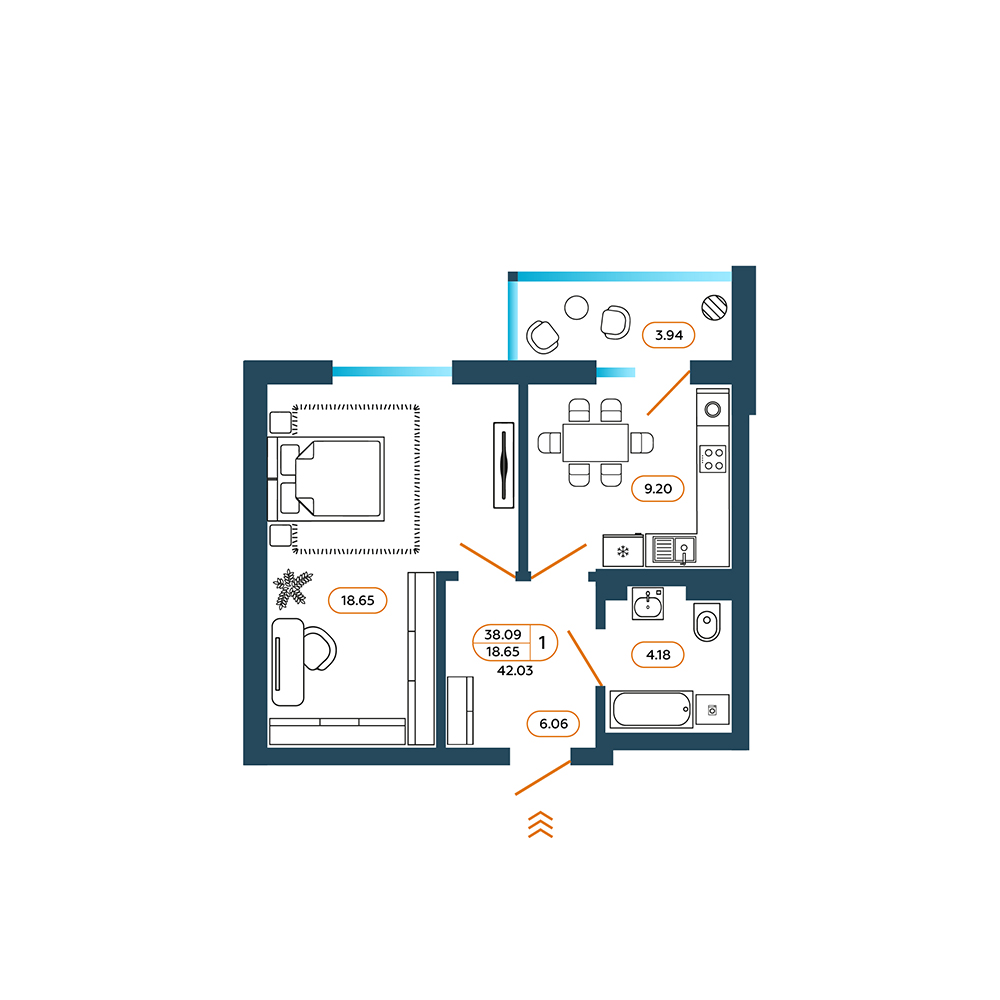 Планировка: 1-комн. квартира 42,5 м²