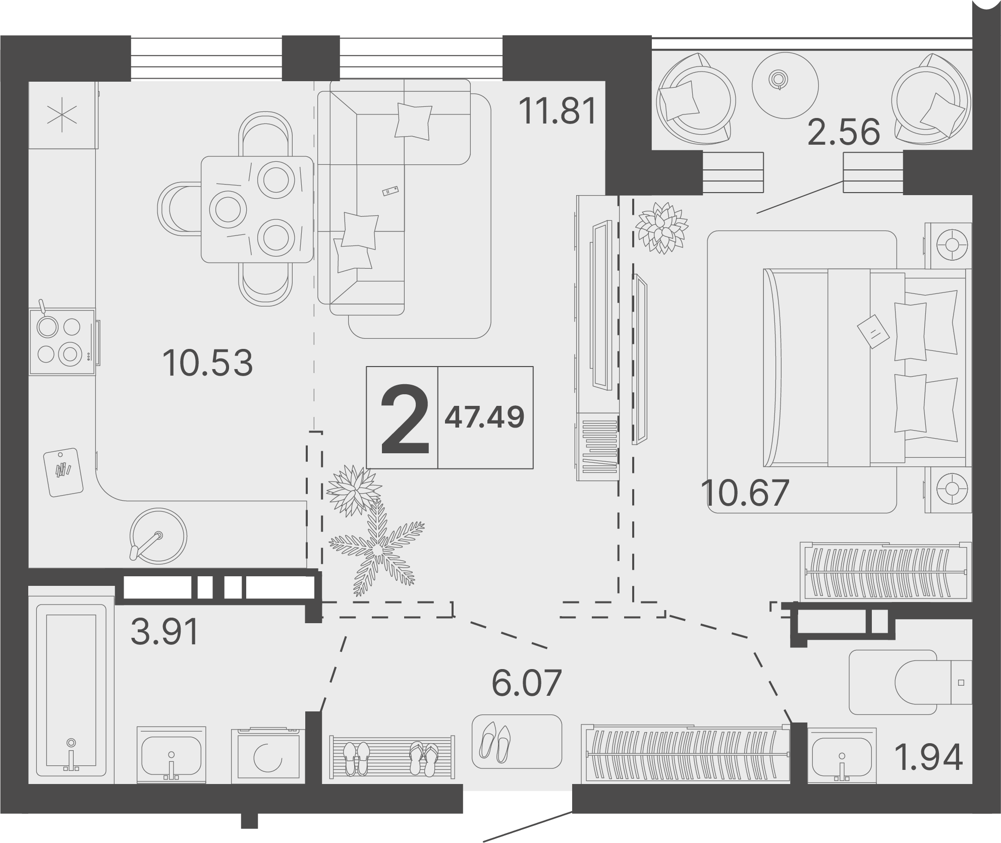 Планировка 2-комнатная 47,49 м²