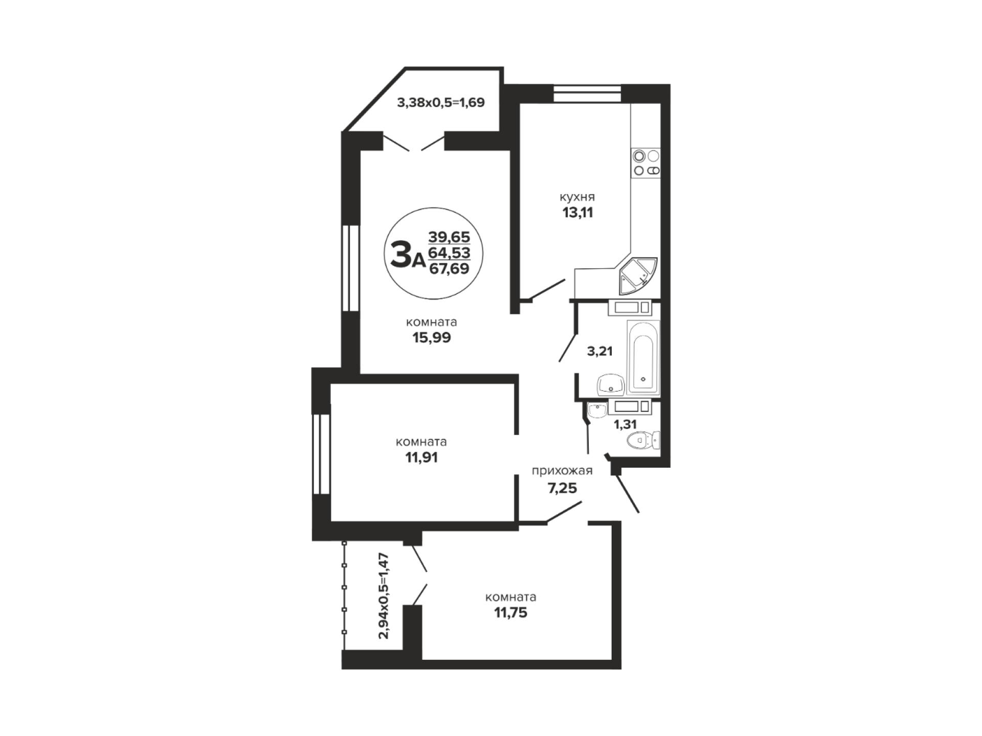 Планировка 3-комнатная 68,4 м²