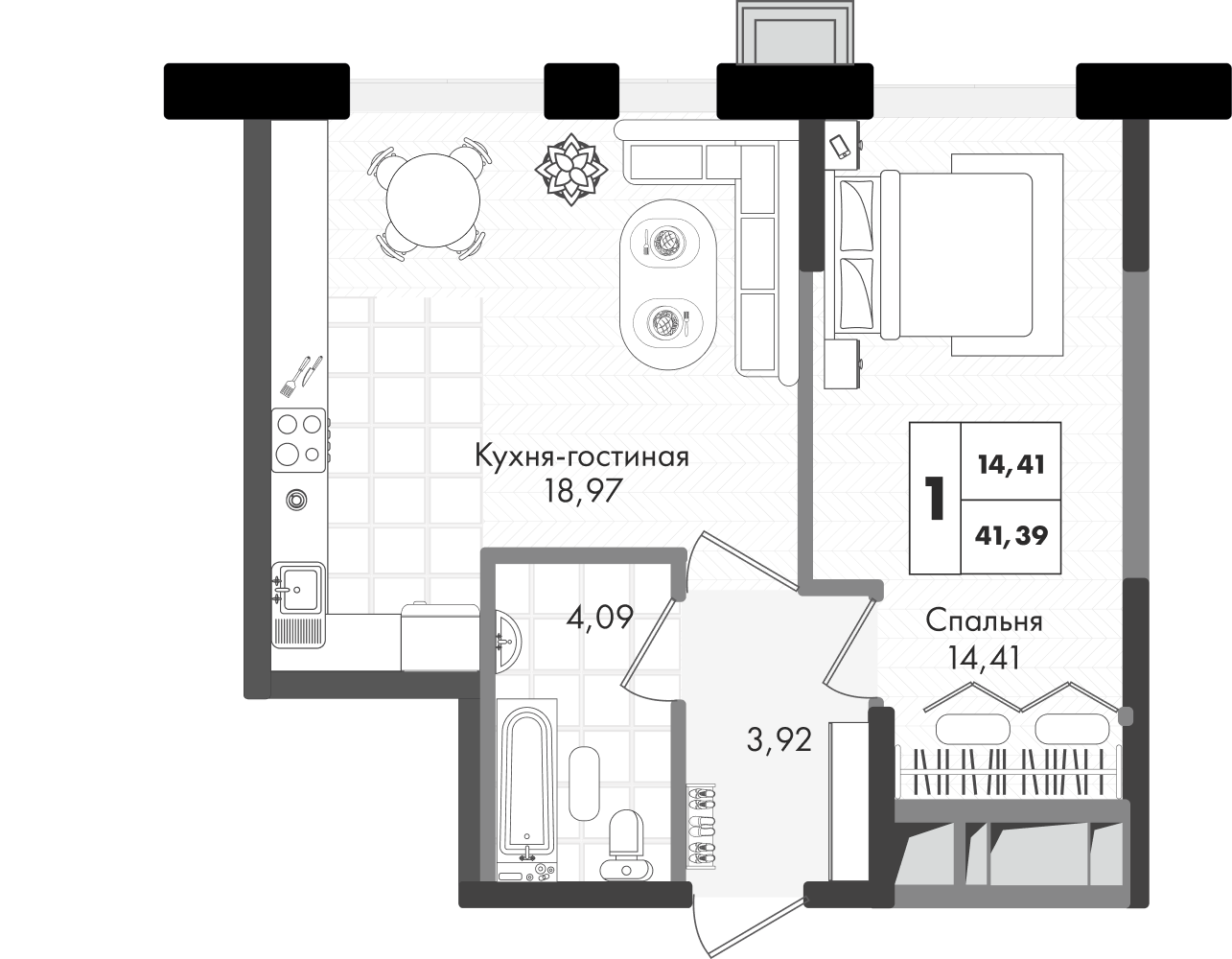 Планировка 1-комнатная 41,39 м²