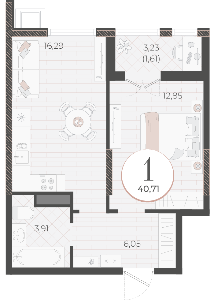 Планировка 1-комнатная 40,71 м²