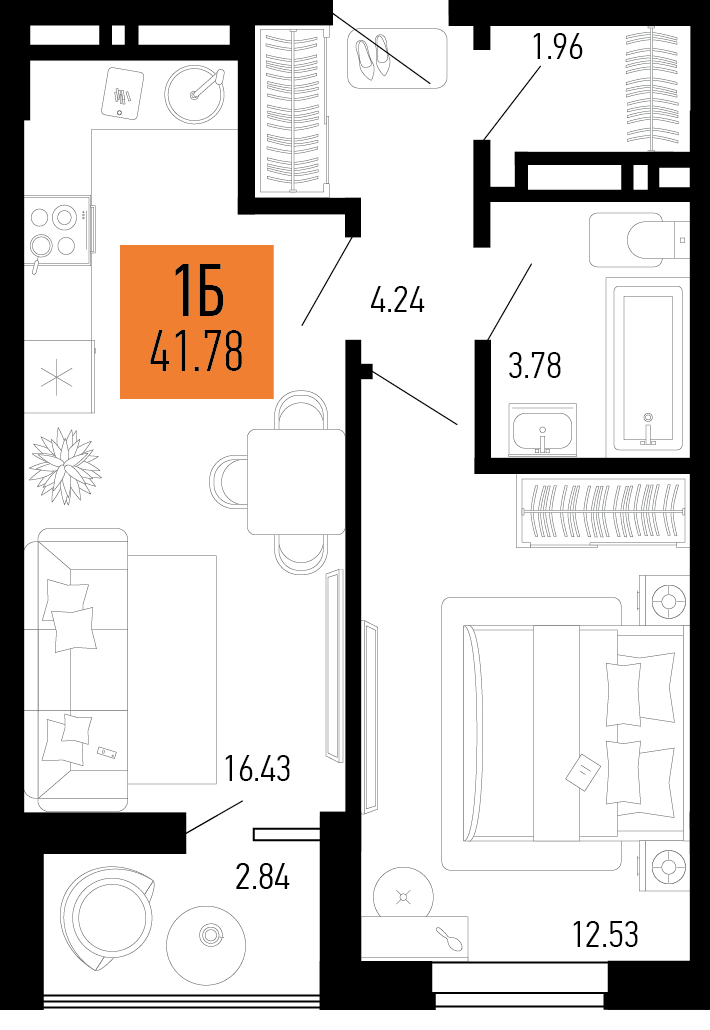 Планировка 1-комнатная 41,78 м²