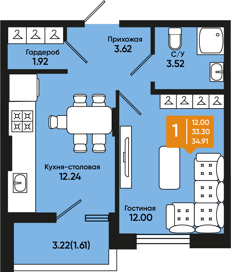 Планировка: 1-комн. квартира 34,4 м²