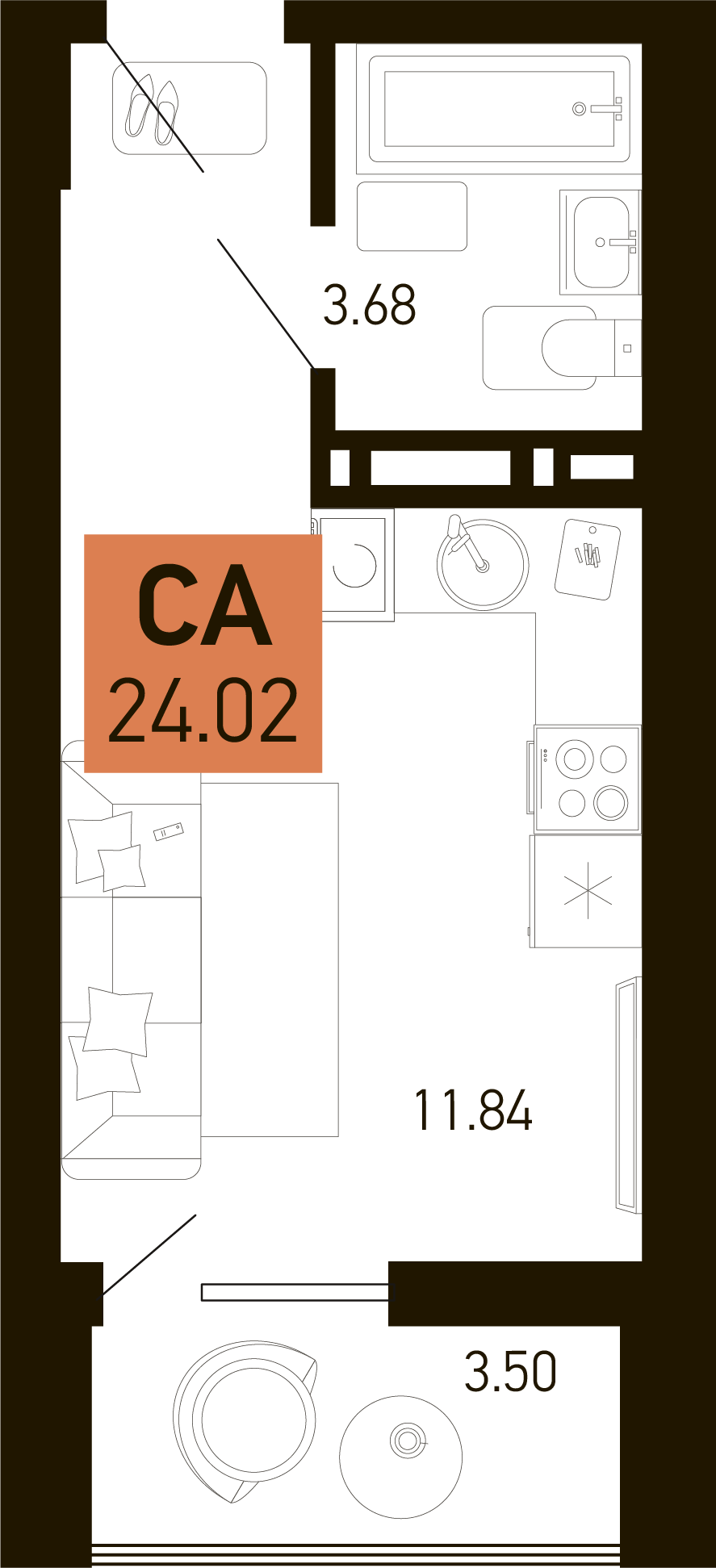 Планировка Студия 24,02 м²