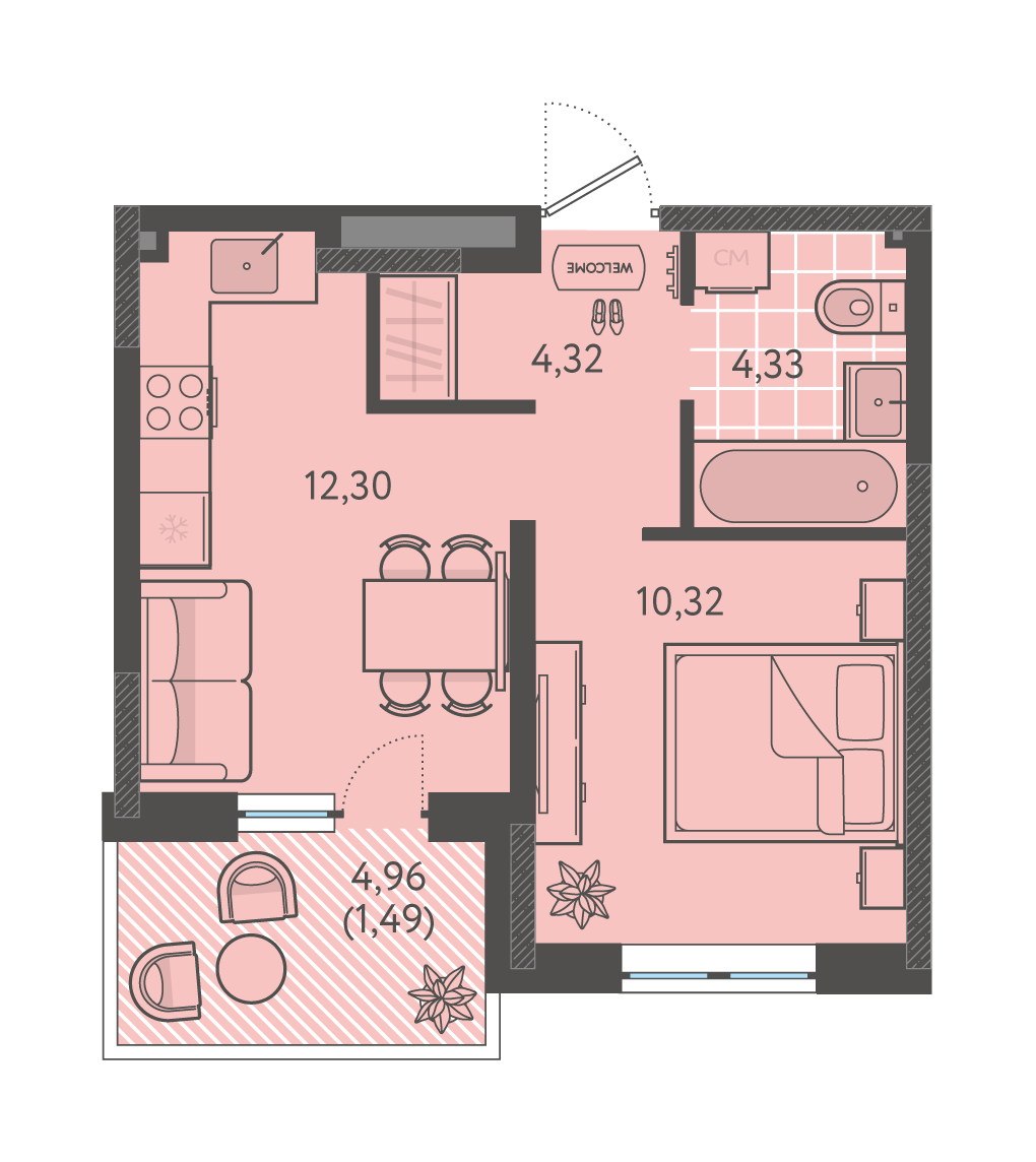 Планировка: 1-комн. квартира 32,8 м²