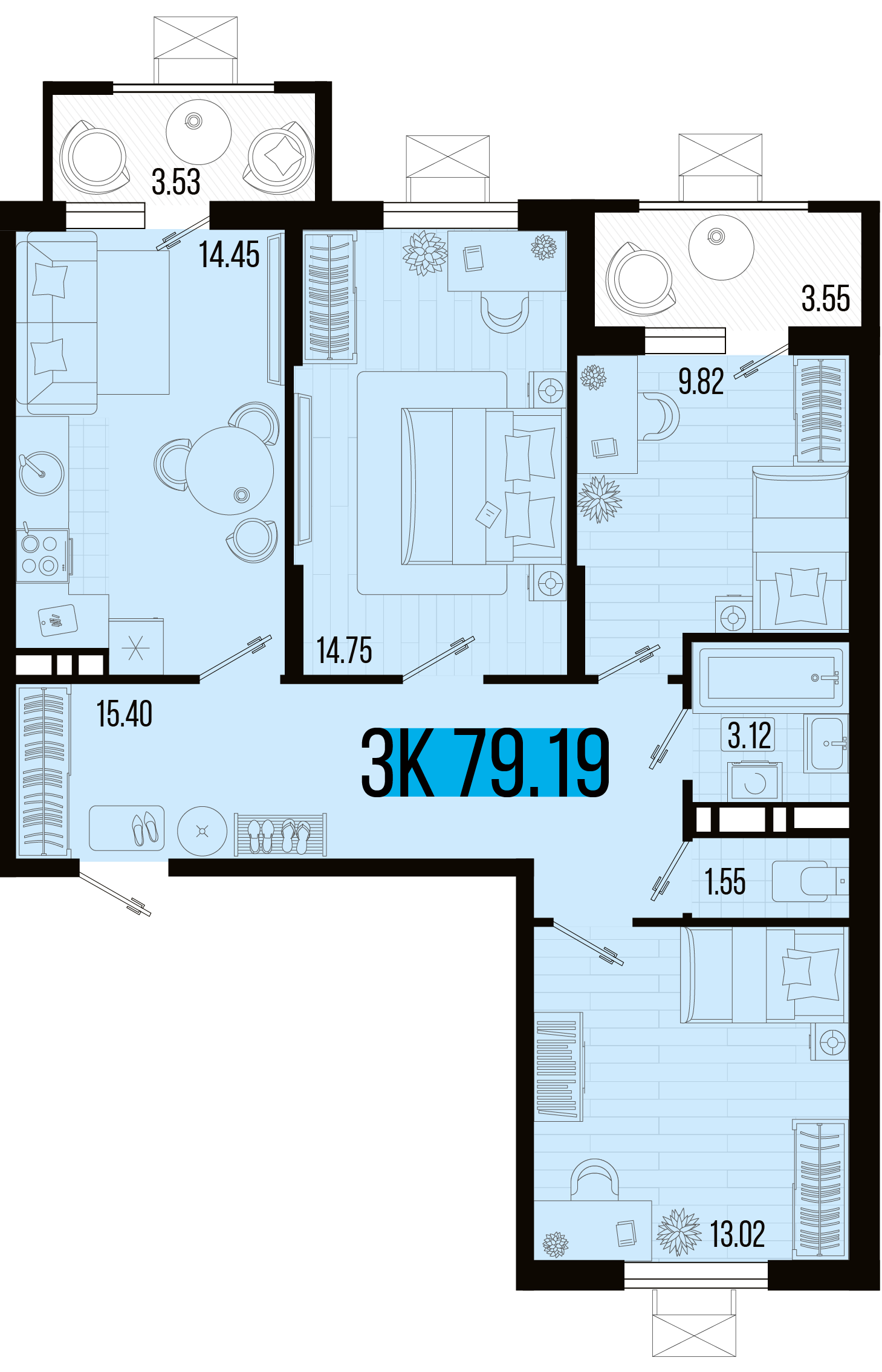 Планировка 3-комнатная 76,25 м²