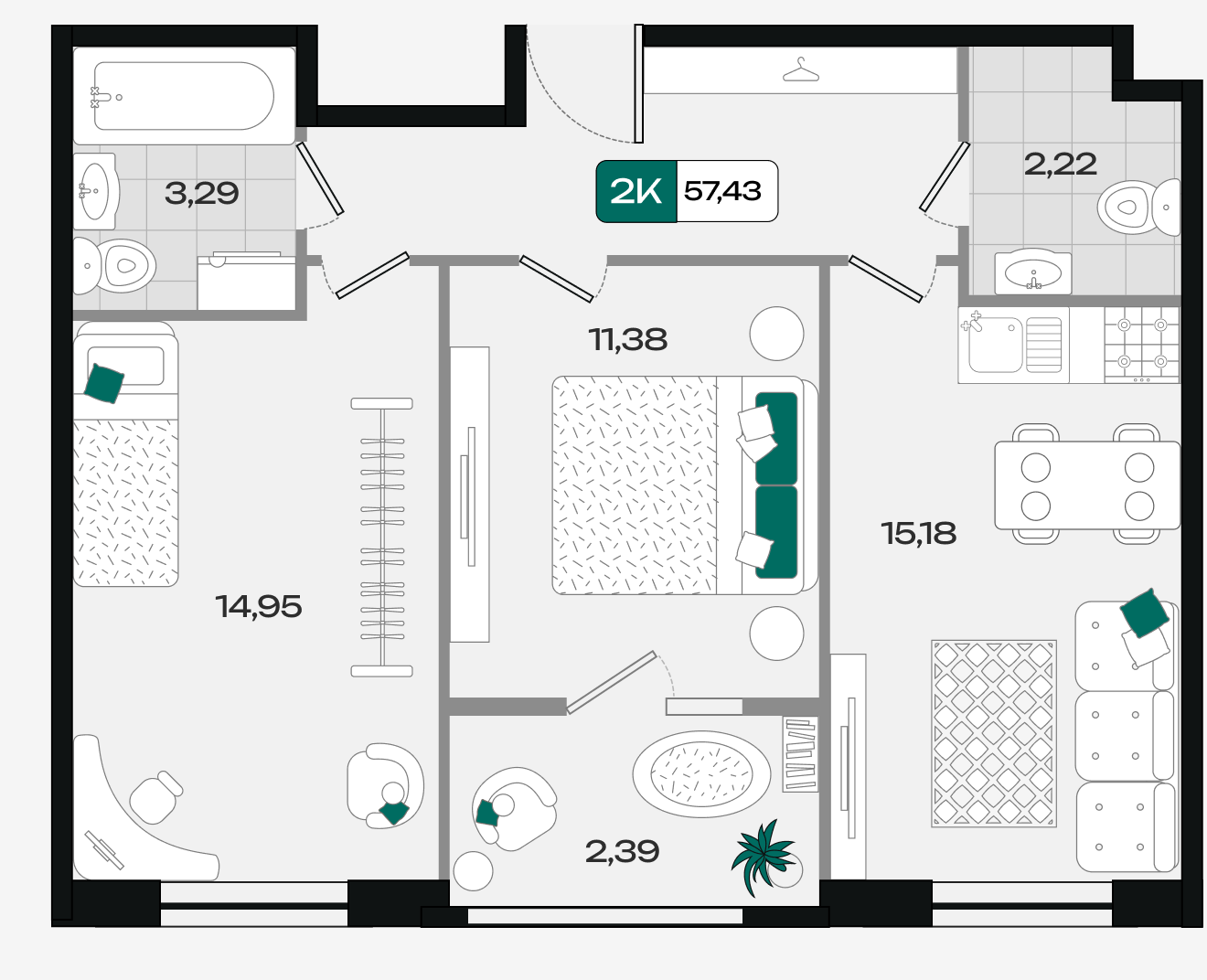 Планировка: 2-комн. квартира 57,4 м²