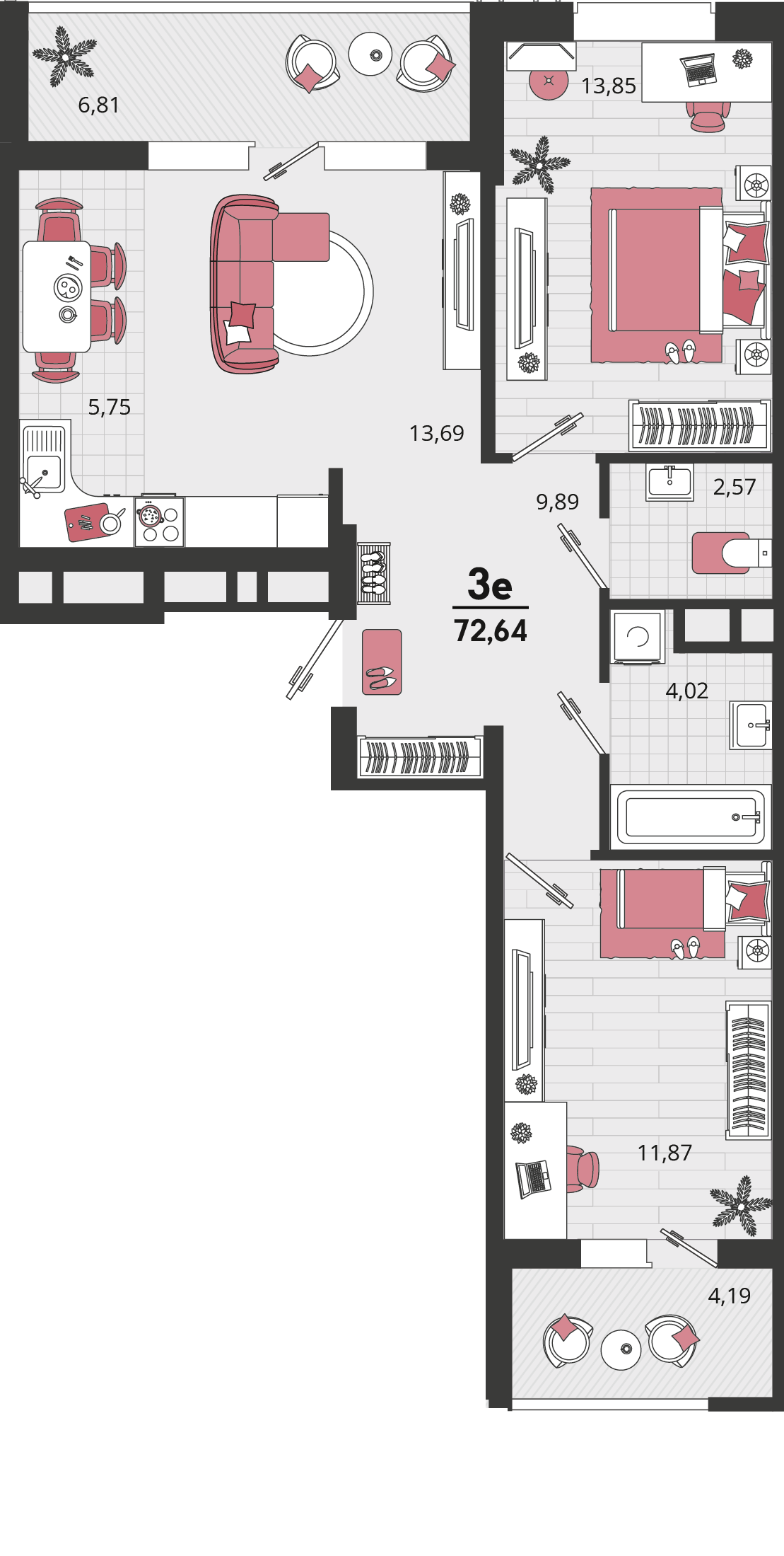 Планировка 3-комнатная 72,64 м²