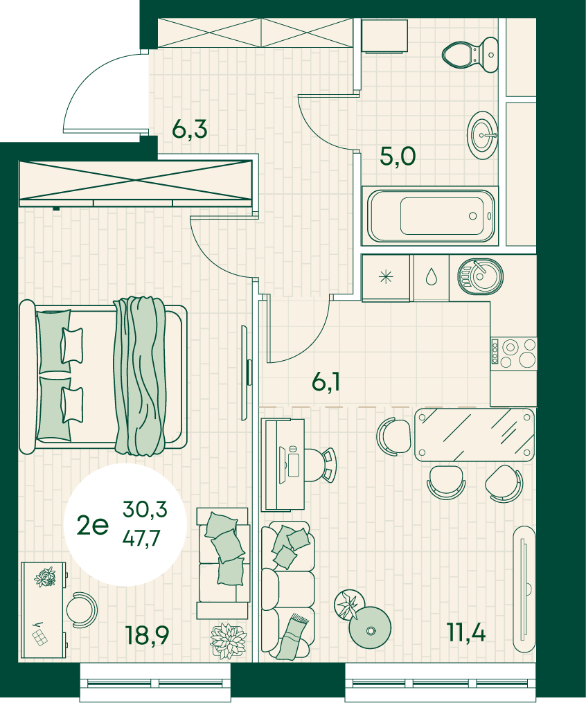 Планировка 2-комнатная 47,7 м²