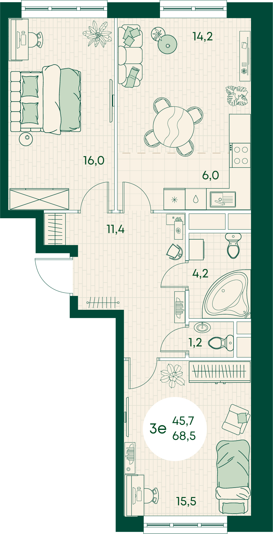 Планировка 3-комнатная 68,5 м²