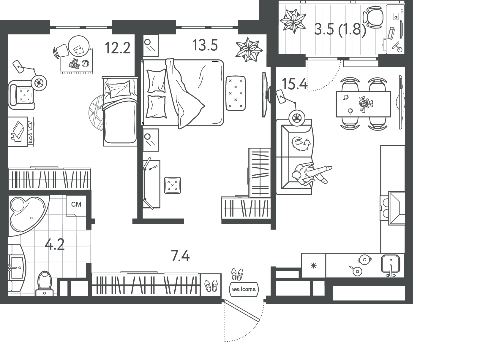 Планировка: 2-комн. квартира 54,5 м²