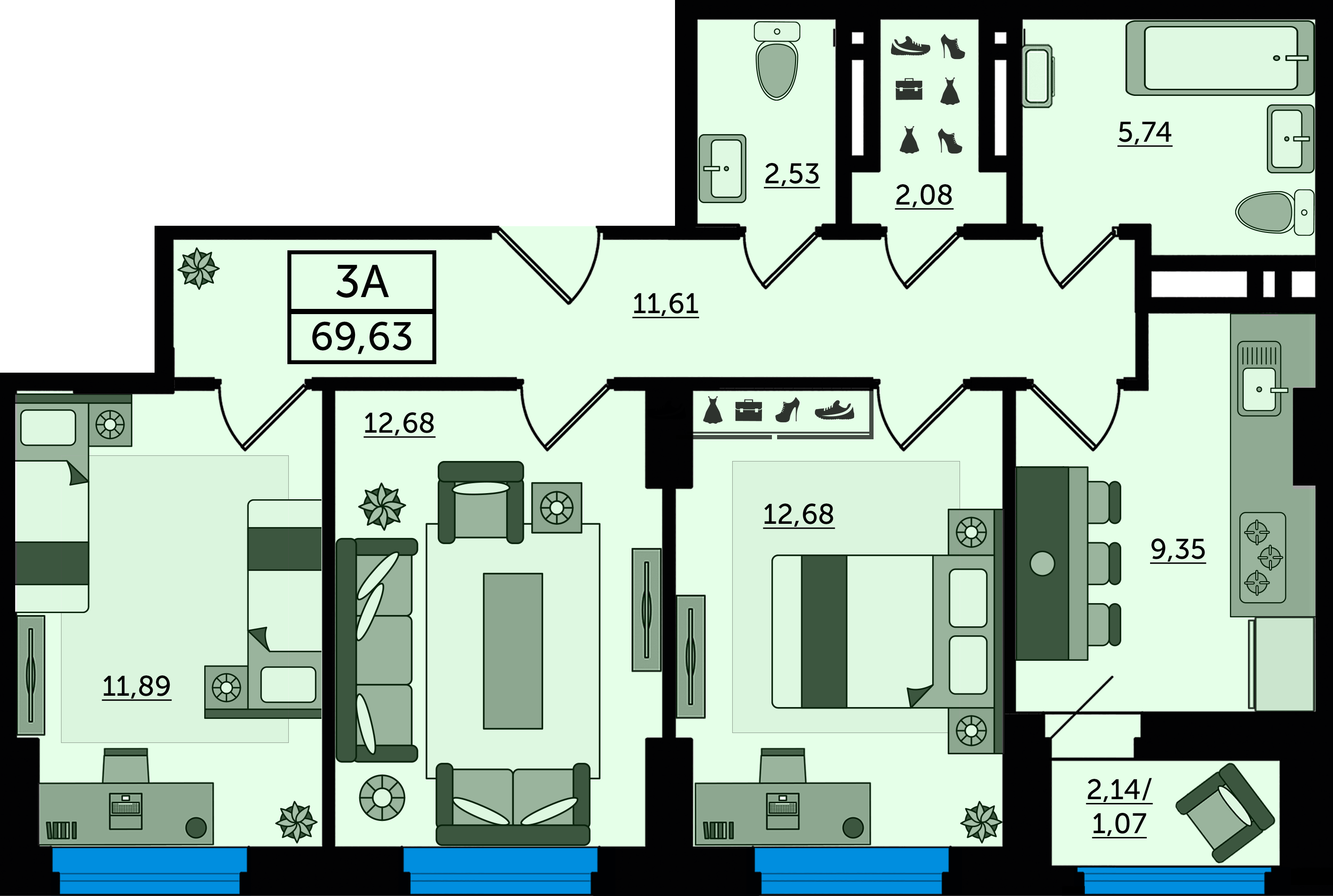 Планировка 3-комнатная 69,63 м²