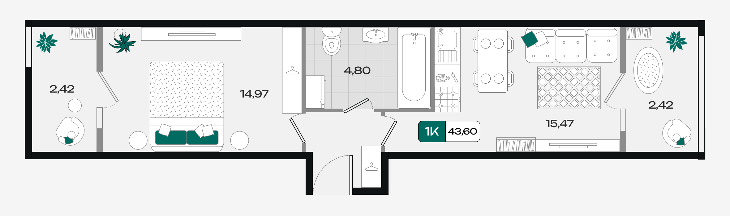Планировка: 1-комн. квартира 43,6 м²