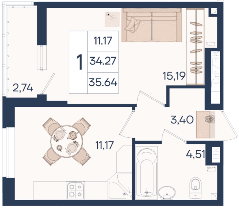 Планировка: 1-комн. квартира 35,6 м²