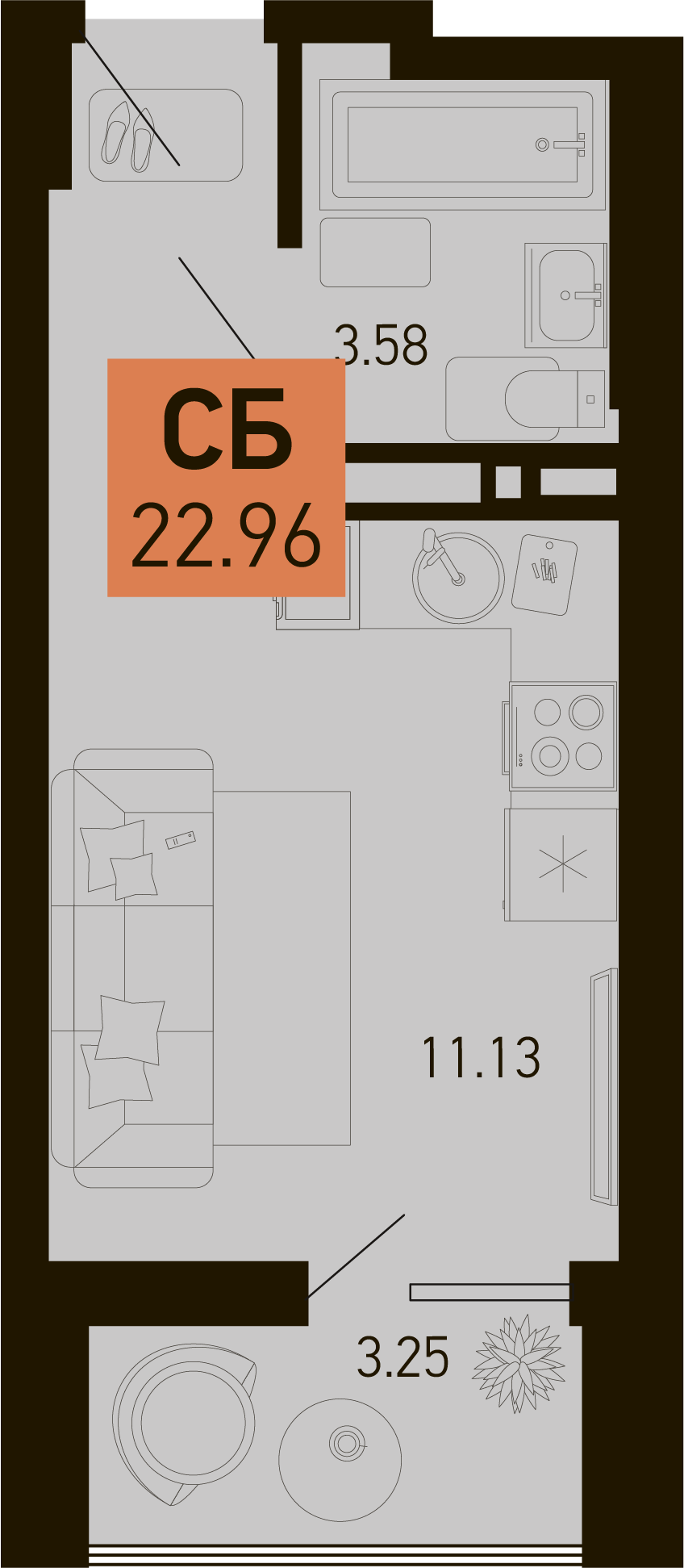 Планировка Студия 22,96 м²